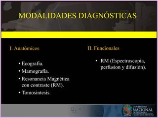 I. Anatómicos
• Ecografía.
• Mamografía.
• Resonancia Magnética
con contraste (RM).
• Tomosintesis.
MODALIDADES DIAGNÓSTICAS
II. Funcionales
• RM (Espectroscopia,
perfusion y difusión).
 