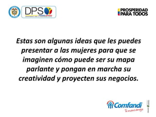 Estas son algunas ideas que les puedes
presentar a las mujeres para que se
imaginen cómo puede ser su mapa
parlante y pongan en marcha su
creatividad y proyecten sus negocios.