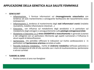 APPLICAZIONE DELLA GENETICA ALLA SALUTE FEMMINILE

 •   GENE & DIET
      – Infiammazione 1 fornisce informazioni sul rimaneggiamento osteoclastico con
        tendenza ad auto mantenimento e conseguente facilitazione del riassorbimento osseo
        (osteoporosi)
      – Infiammazione 2 tendenza al mantenimento degli stati infiammatori cronici (malattie
        reumatiche, malattie infiammatorie intestinali …)
      – Citocromo con influenza sul metabolismo degli xenobiotici e in particolare sul
        metabolismo degli estrogeni e conseguentemente sulle patologie estrogenocorrelate
      – Glutatione e Citocromo 1 e 2 stress OSSIDATIVO e invecchiamento in generale (cutaneo
        e del collagene) con un particolare riferimento agli aspetti nutrizionali e l’influenza in
        alcuni aspetti di detossificazione
      – Ipertensione che potrebbe rafforzare le indicazioni sul rischio cardiovascolare e in
        particolare sull’ipertensione arteriosa correlata al sodio
      – Pannello Sindrome metabolica rischio di sindrome metabolica nell’ovaio policistico e
        come conseguenza di stile di vita scorretto con i rischi di insulinoresistenza, ipertensione
        e ad essi correlati

 •   TUMORE AL SENO
      – Rischio tumore al seno non famigliare
 
