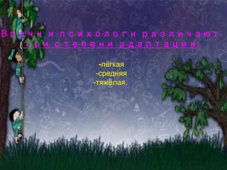 Врачи и психологи различают
три степени адаптации:
-лёгкая
-средняя
-тяжёлая.
 