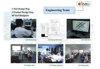2 Tool Design Dep.
                                Engineering Team
2 Product Design Dep.
40 Tool Designers




             CAD/ Mold design    Tool Design Standards        CAE/ Mold flow




           Tool Design Dept.       Tool Design Approval   Part Design Dept.
 