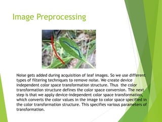 Image Preprocessing
Noise gets added during acquisition of leaf images. So we use different
types of filtering techniques to remove noise. We create device
independent color space transformation structure. Thus the color
transformation structure defines the color space conversion. The next
step is that we apply device-independent color space transformation,
which converts the color values in the image to color space specified in
the color transformation structure. This specifies various parameters of
transformation.
 