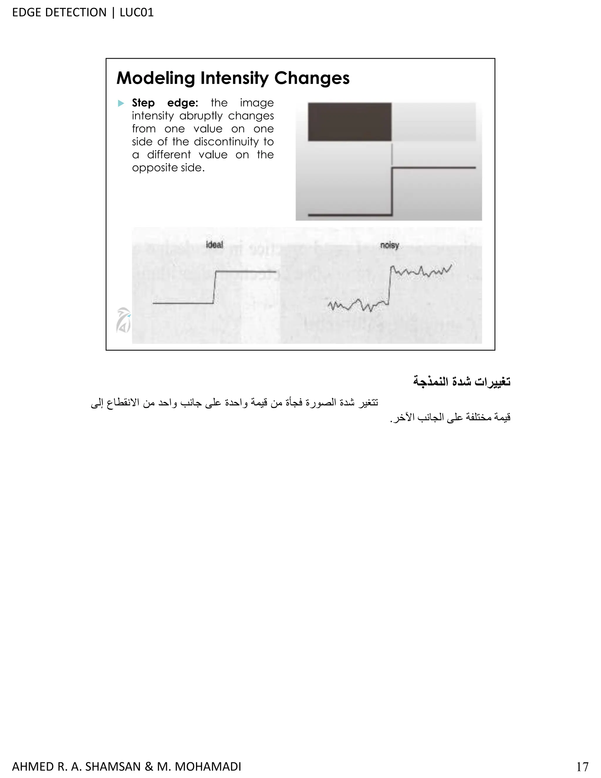17
Modeling Intensity Changes
 Step edge: the image
intensity abruptly changes
from one value on one
side of the discontinuity to
a different value on the
opposite side.
‫النمذجة‬ ‫شدة‬ ‫تغييرات‬
‫ﺣافة‬
‫الخطﻮة‬
:
‫تتغيﺮ‬
‫شدة‬
‫الصورة‬
‫فجأة‬
‫مﻦ‬
‫ﻗيمة‬
‫واحدة‬
‫ﻋﻠى‬
‫ﺟاﻧﺐ‬
‫واحد‬
‫مﻦ‬
‫اﻻﻧﻘطاع‬
‫إل‬
‫ى‬
‫ﻗيمة‬
‫مﺨتﻠفة‬
‫ﻋﻠى‬
‫الجاﻧﺐ‬
‫اﻵخﺮ‬
.
AHMED R. A. SHAMSAN & M. MOHAMADI
EDGE DETECTION | LUC01
 