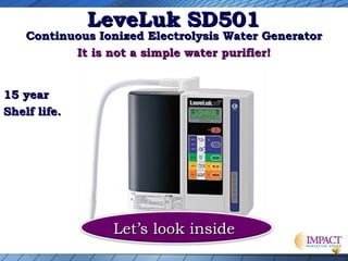 LeveLuk SD501

Continuous Ionized Electrolysis Water Generator
It is not a simple water purifier!
15 year
Shelf life.

Let’s look inside

 