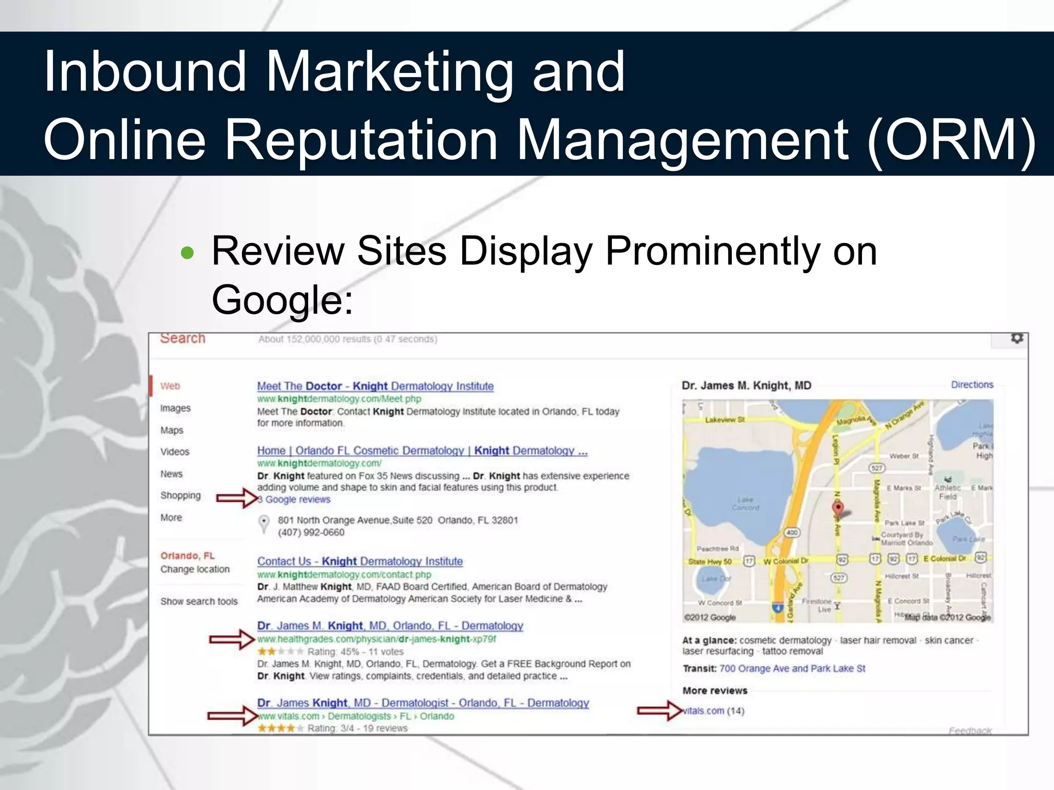 Inbound Marketing and
Online Reputation Management (ORM)
       Review Sites Display Prominently on
        Google:
 