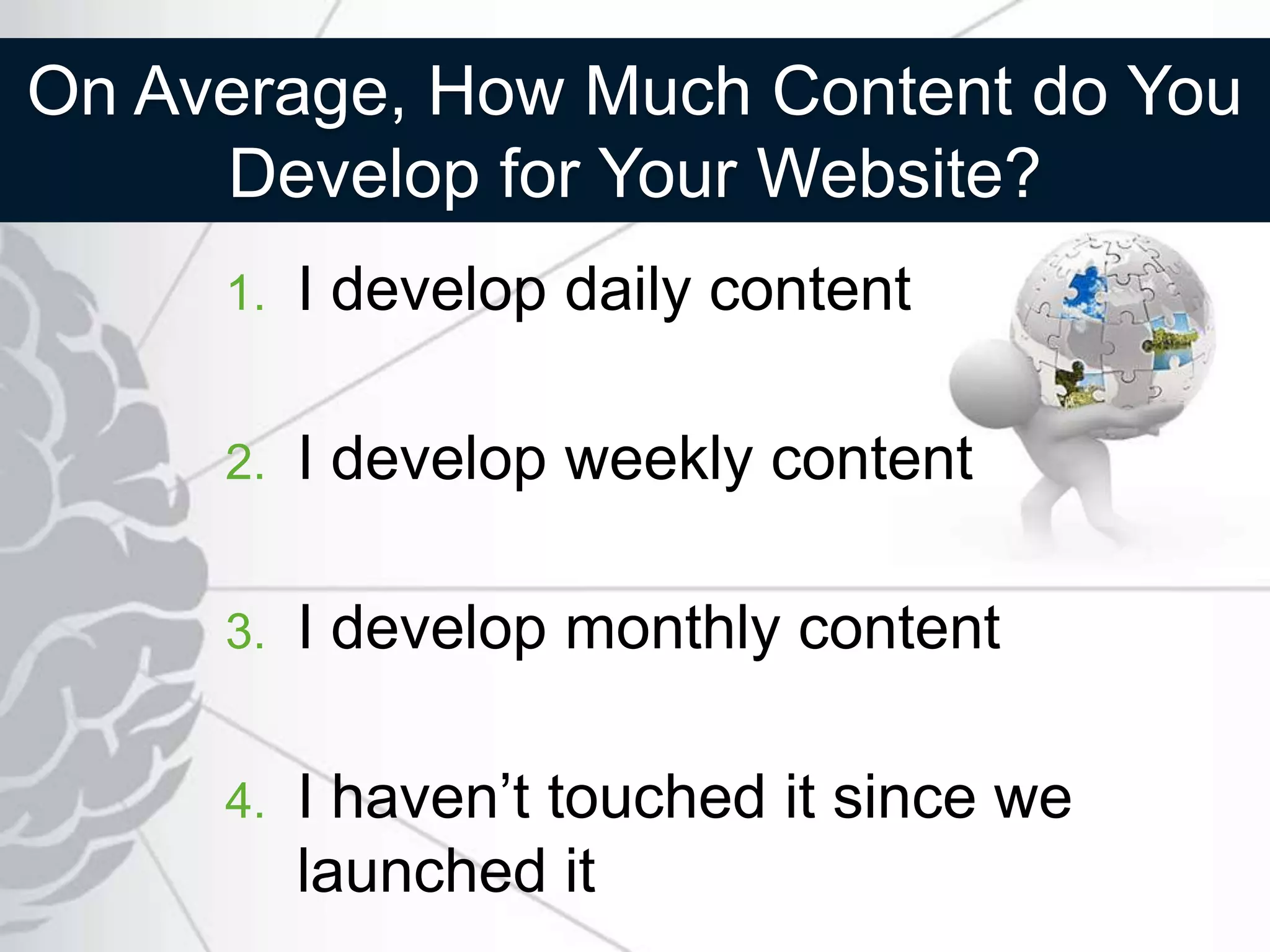 On Average, How Much Content do You
     Develop for Your Website?
     1.   I develop daily content

     2.   I develop weekly content

     3.   I develop monthly content

     4.   I haven’t touched it since we
          launched it
 