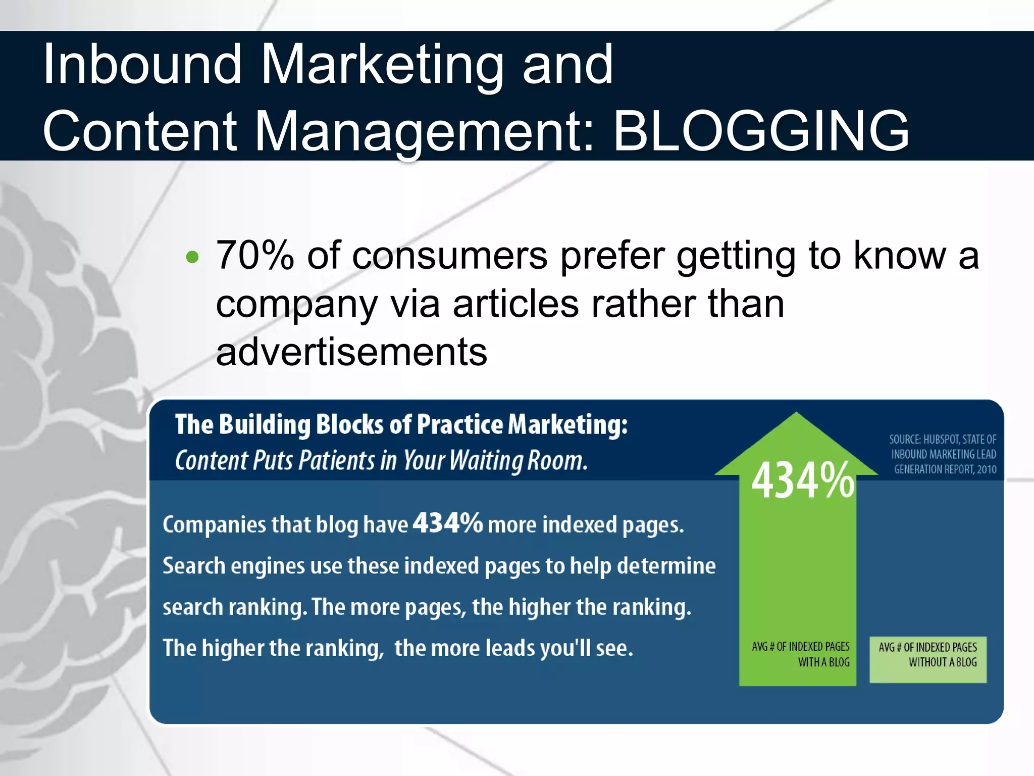 Inbound Marketing and
Content Management: BLOGGING

       70% of consumers prefer getting to know a
        company via articles rather than
        advertisements
 