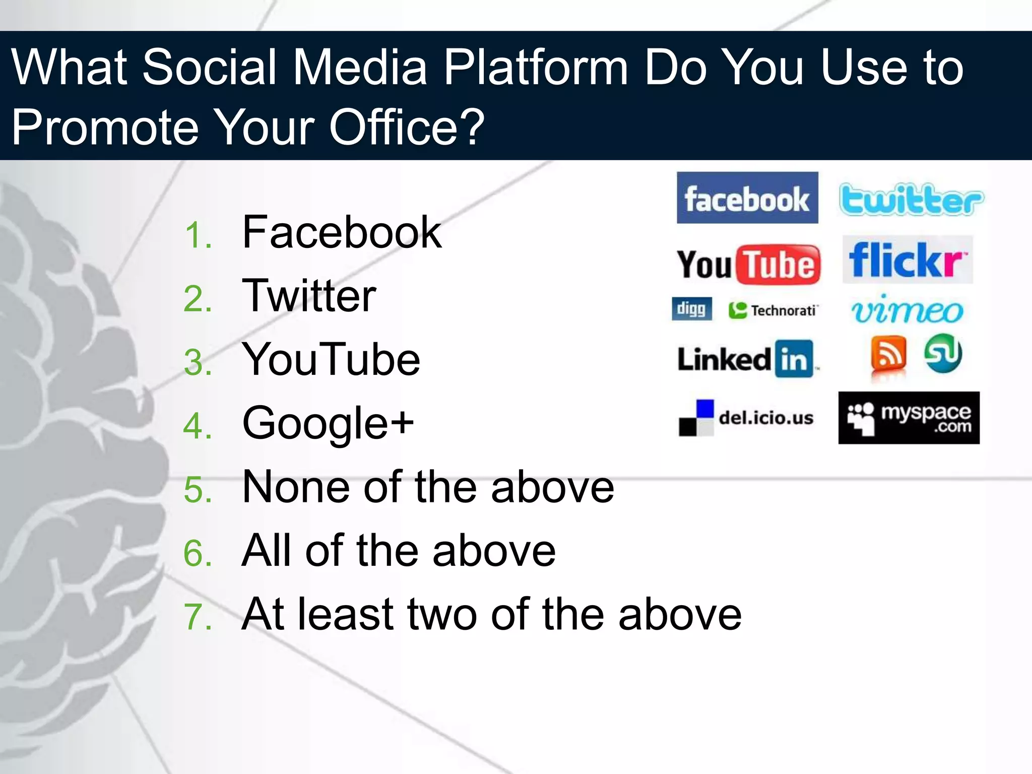 What Social Media Platform Do You Use to
Promote Your Office?

       1.   Facebook
       2.   Twitter
       3.   YouTube
       4.   Google+
       5.   None of the above
       6.   All of the above
       7.   At least two of the above
 