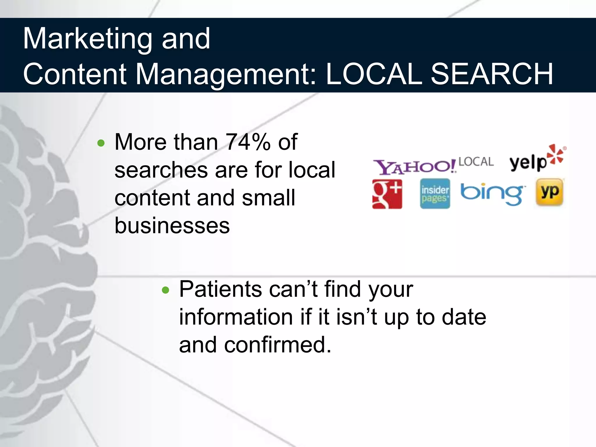 Marketing and
Content Management: LOCAL SEARCH

       More than 74% of
        searches are for local
        content and small
        businesses

               Patients can’t find your
                information if it isn’t up to date
                and confirmed.
 