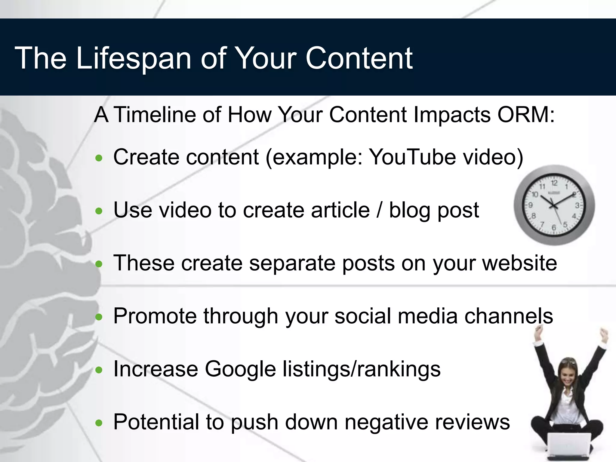 The Lifespan of Your Content
     A Timeline of How Your Content Impacts ORM:
        Create content (example: YouTube video)

        Use video to create article / blog post

        These create separate posts on your website

        Promote through your social media channels

        Increase Google listings/rankings

        Potential to push down negative reviews
 