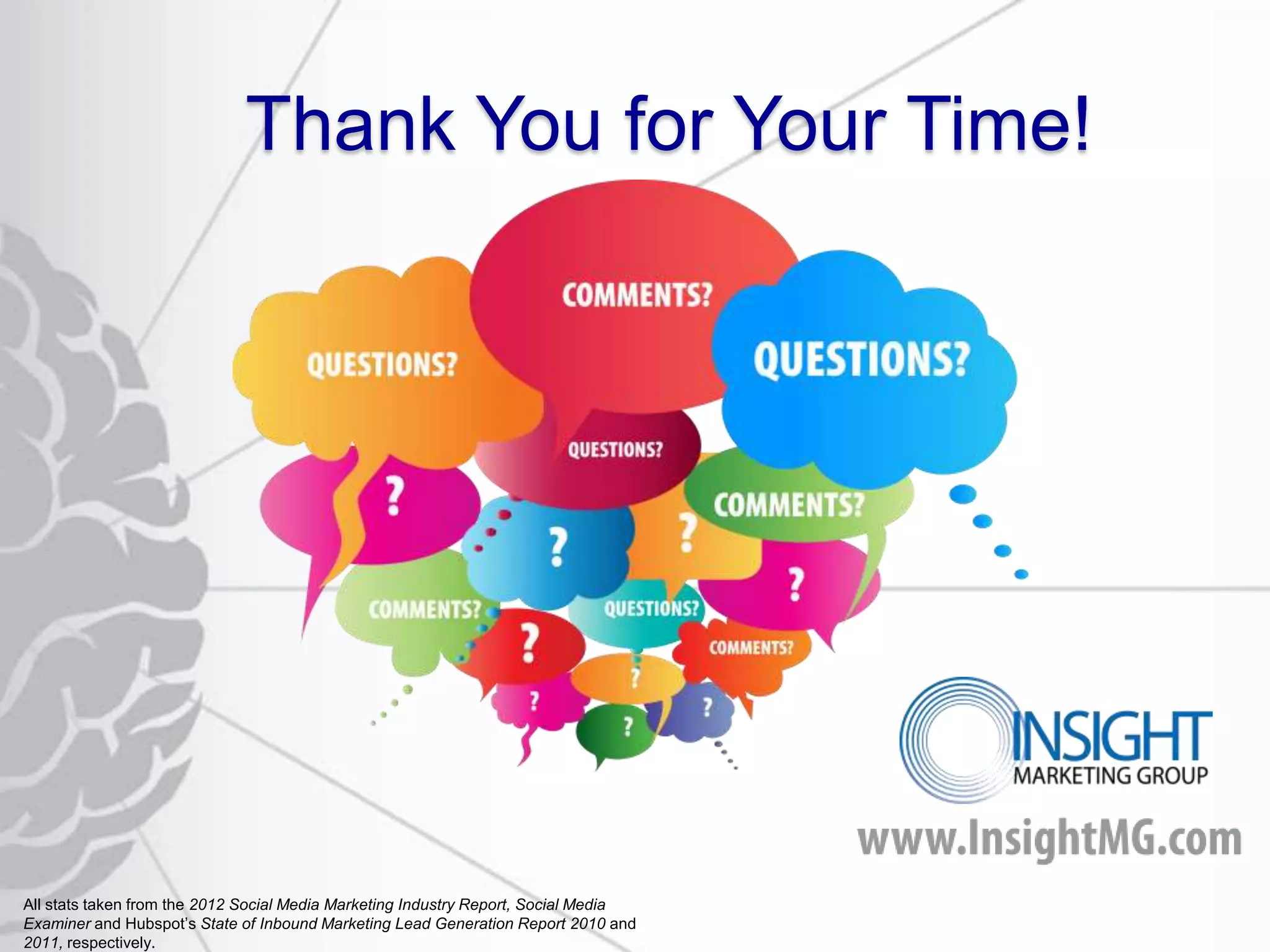 Thank You for Your Time!




All stats taken from the 2012 Social Media Marketing Industry Report, Social Media
Examiner and Hubspot’s State of Inbound Marketing Lead Generation Report 2010 and
2011, respectively.
 