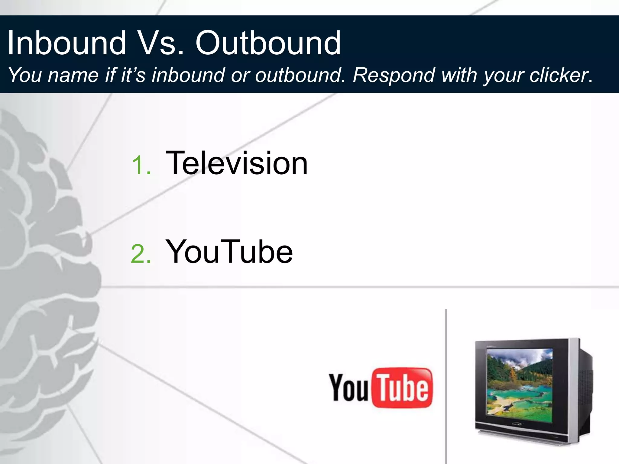 Inbound Vs. Outbound
You name if it’s inbound or outbound. Respond with your clicker.



             1.   Television

             2.   YouTube
 