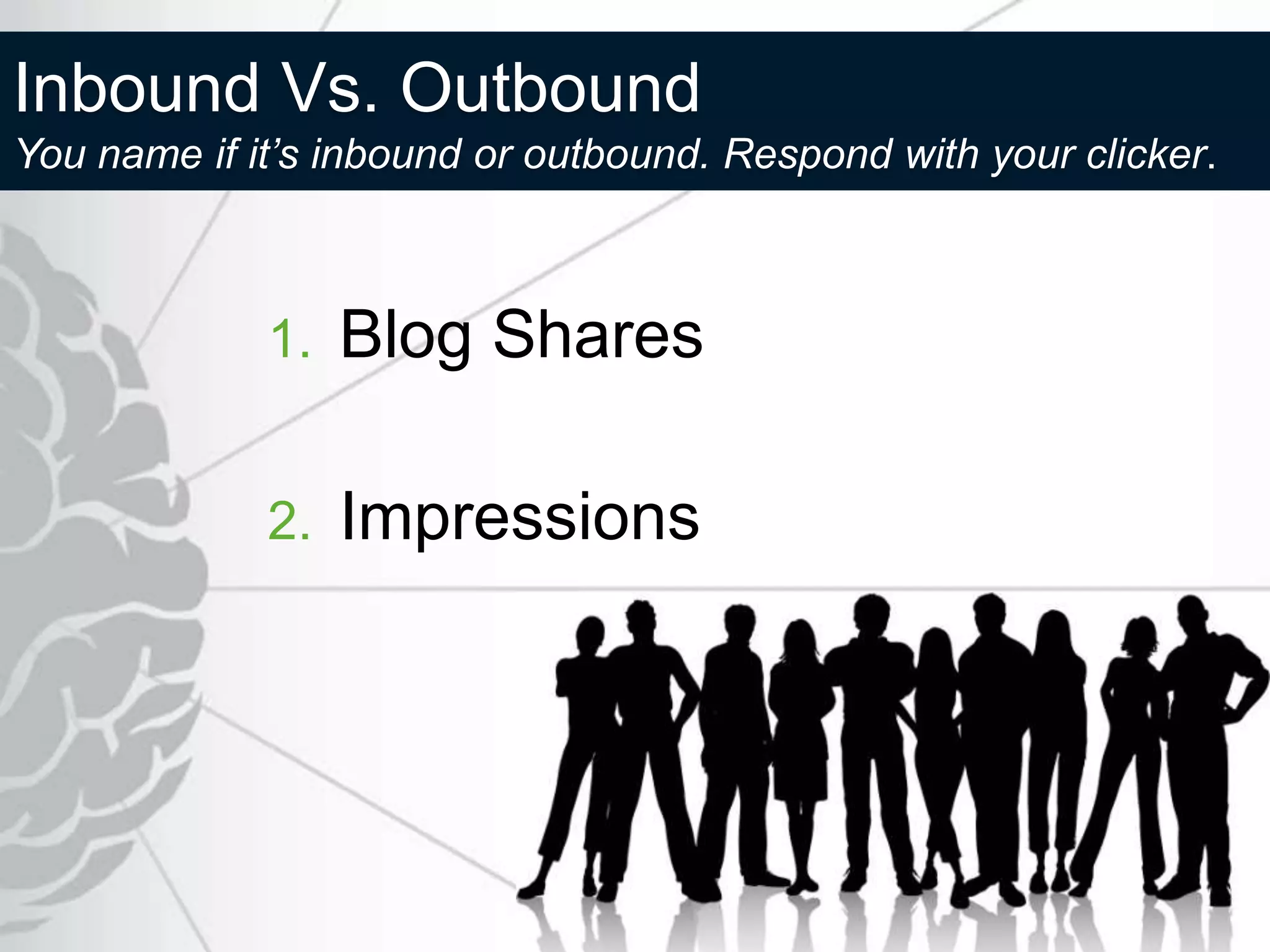 Inbound Vs. Outbound
You name if it’s inbound or outbound. Respond with your clicker.



             1.   Blog Shares

             2.   Impressions
 