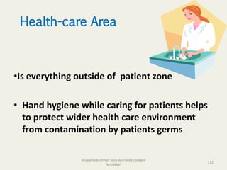 Health-care Area
•Is everything outside of patient zone
• Hand hygiene while caring for patients helps
to protect wider health care environment
from contamination by patients germs
112
anupama krishnan vpsv ayurveda collegee
kottakkal
 