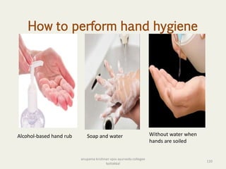 How to perform hand hygiene
Alcohol-based hand rub Soap and water Without water when
hands are soiled
120
anupama krishnan vpsv ayurveda collegee
kottakkal
 