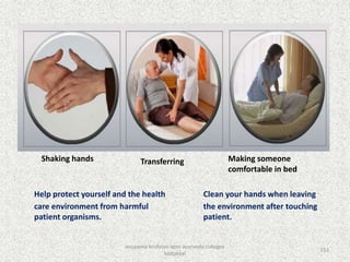 Clean your hands when leaving
the environment after touching
patient.
Shaking hands Transferring Making someone
comfortable in bed
Help protect yourself and the health
care environment from harmful
patient organisms.
153
anupama krishnan vpsv ayurveda collegee
kottakkal
 