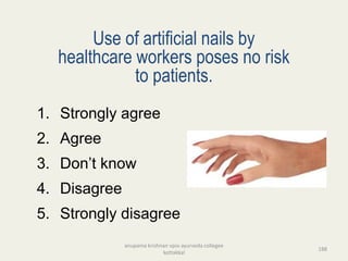 Use of artificial nails by
healthcare workers poses no risk
to patients.
1. Strongly agree
2. Agree
3. Don’t know
4. Disagree
5. Strongly disagree
188
anupama krishnan vpsv ayurveda collegee
kottakkal
 