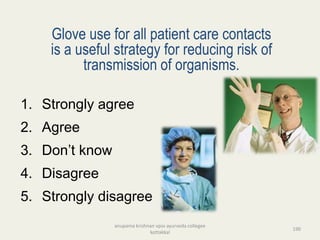 Glove use for all patient care contacts
is a useful strategy for reducing risk of
transmission of organisms.
1. Strongly agree
2. Agree
3. Don’t know
4. Disagree
5. Strongly disagree
190
anupama krishnan vpsv ayurveda collegee
kottakkal
 