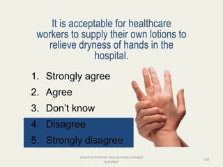 It is acceptable for healthcare
workers to supply their own lotions to
relieve dryness of hands in the
hospital.
1. Strongly agree
2. Agree
3. Don’t know
4. Disagree
5. Strongly disagree
192
anupama krishnan vpsv ayurveda collegee
kottakkal
 