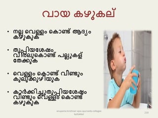 വൊയ ഴു ല്
• നല്ല കവള്ളം ക ൊണ്ട് ആദ്യം
ഴു ു
• തുപ്പിയപേഷം
വിരല്ുക ൊണ്ട് േല്ലു ള്
പതക്കു
• കവള്ളം ക ൊണ്ട് വീണ്ടും
ുല്ുക്കുഴിയു
• ൊർക്കിച്ചുതുപ്പിയപേഷം
വീണ്ടും കവള്ളം ക ൊണ്ട്
ഴു ു
210
anupama krishnan vpsv ayurveda collegee
kottakkal
 