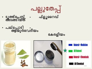 േല്ലുപതപ്പ്
• ടൂത്ത്പേസ്റ്റ് - ഫ്ളൂററഡ്
അടങ്ങിയത്
• േല്കപ്പൊടി -
ആയുർപവദ്ീയം
പ രളീയം
213
anupama krishnan vpsv ayurveda collegee
kottakkal
 