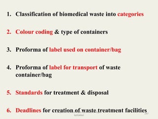 1. Classification of biomedical waste into categories
2. Colour coding & type of containers
3. Proforma of label used on container/bag
4. Proforma of label for transport of waste
container/bag
5. Standards for treatment & disposal
6. Deadlines for creation of waste treatment facilities247
anupama krishnan vpsv ayurveda collegee
kottakkal
 