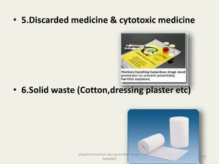 • 5.Discarded medicine & cytotoxic medicine
• 6.Solid waste (Cotton,dressing plaster etc)
250
anupama krishnan vpsv ayurveda collegee
kottakkal
 
