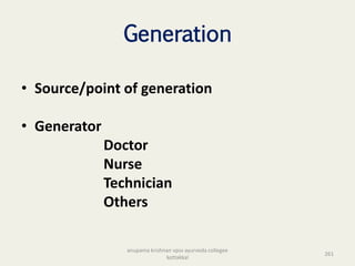 Generation
• Source/point of generation
• Generator
Doctor
Nurse
Technician
Others
261
anupama krishnan vpsv ayurveda collegee
kottakkal
 