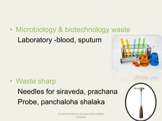 • Microbiology & biotechnology waste
Laboratory -blood, sputum
• Waste sharp
Needles for siraveda, prachana
Probe, panchaloha shalaka
267
anupama krishnan vpsv ayurveda collegee
kottakkal
 