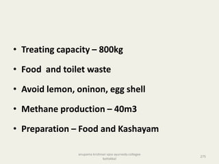 • Treating capacity – 800kg
• Food and toilet waste
• Avoid lemon, oninon, egg shell
• Methane production – 40m3
• Preparation – Food and Kashayam
275
anupama krishnan vpsv ayurveda collegee
kottakkal
 