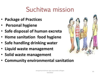 Suchitwa mission
• Package of Practices
• Personal hygiene
• Safe disposal of human excreta
• Home sanitation food hygiene
• Safe handling drinking water
• Liquid waste management
• Solid waste management
• Community environmental sanitation
44
anupama krishnan vpsv ayurveda collegee
kottakkal
 