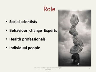 Role
• Social scientists
• Behaviour change Experts
• Health professionals
• Individual people
46
anupama krishnan vpsv ayurveda collegee
kottakkal
 