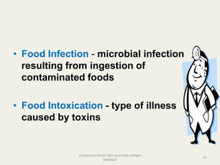 • Food Infection - microbial infection
resulting from ingestion of
contaminated foods
• Food Intoxication - type of illness
caused by toxins
67
anupama krishnan vpsv ayurveda collegee
kottakkal
 