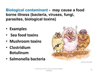 Biological contaminant - may cause a food
borne illness (bacteria, viruses, fungi,
parasites, biological toxins)
• Examples
• Sea food toxins
• Mushroom toxins
• Clostridium
Botulinum
• Salmonella bacteria
70
anupama krishnan vpsv ayurveda collegee
kottakkal
 