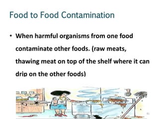 Food to Food Contamination
• When harmful organisms from one food
contaminate other foods. (raw meats,
thawing meat on top of the shelf where it can
drip on the other foods)
81
anupama krishnan vpsv ayurveda collegee
kottakkal
 