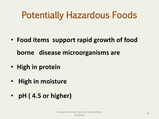 Potentially Hazardous Foods
• Food items support rapid growth of food
borne disease microorganisms are
• High in protein
• High in moisture
• pH ( 4.5 or higher)
85
anupama krishnan vpsv ayurveda collegee
kottakkal
 