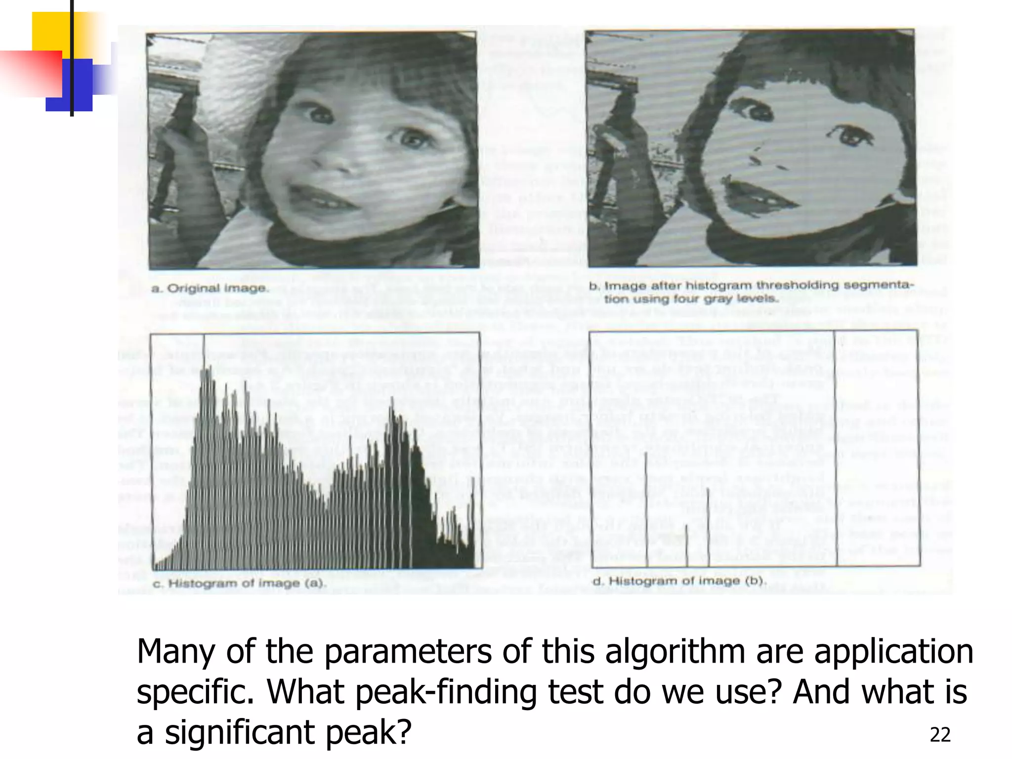 Many of the parameters of this algorithm are application
specific. What peak-finding test do we use? And what is
a significant peak?                                  22
 
