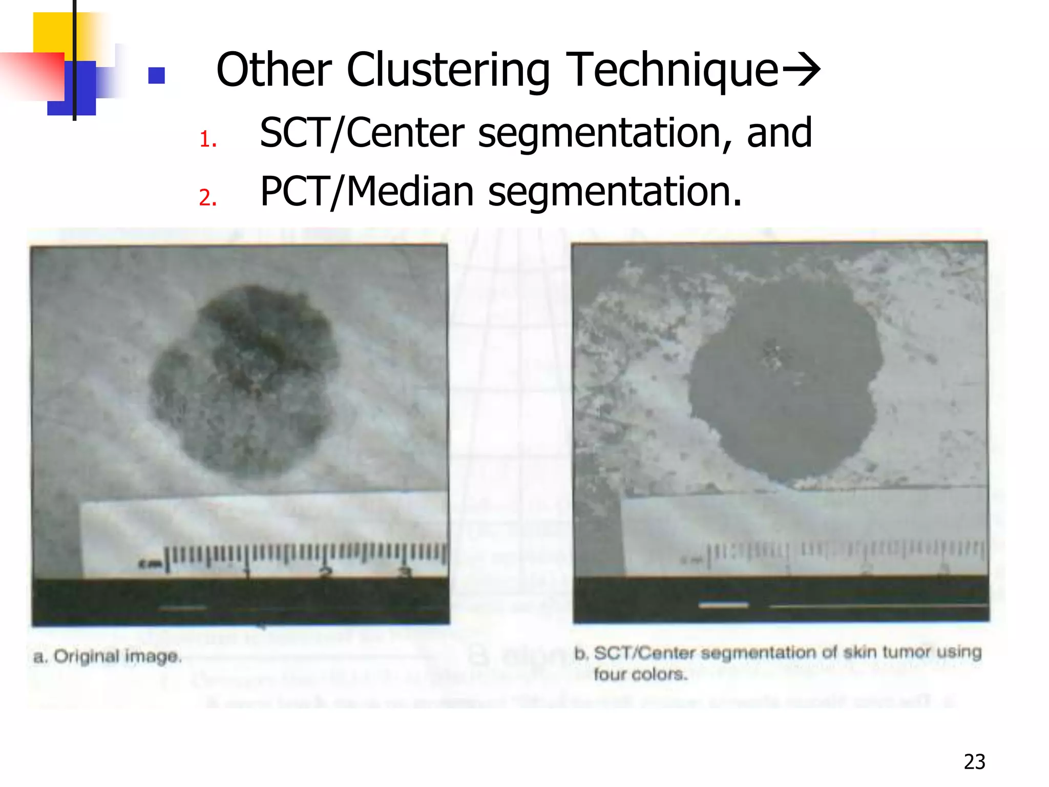     Other Clustering Technique
    1.   SCT/Center segmentation, and
    2.   PCT/Median segmentation.




                                        23
 