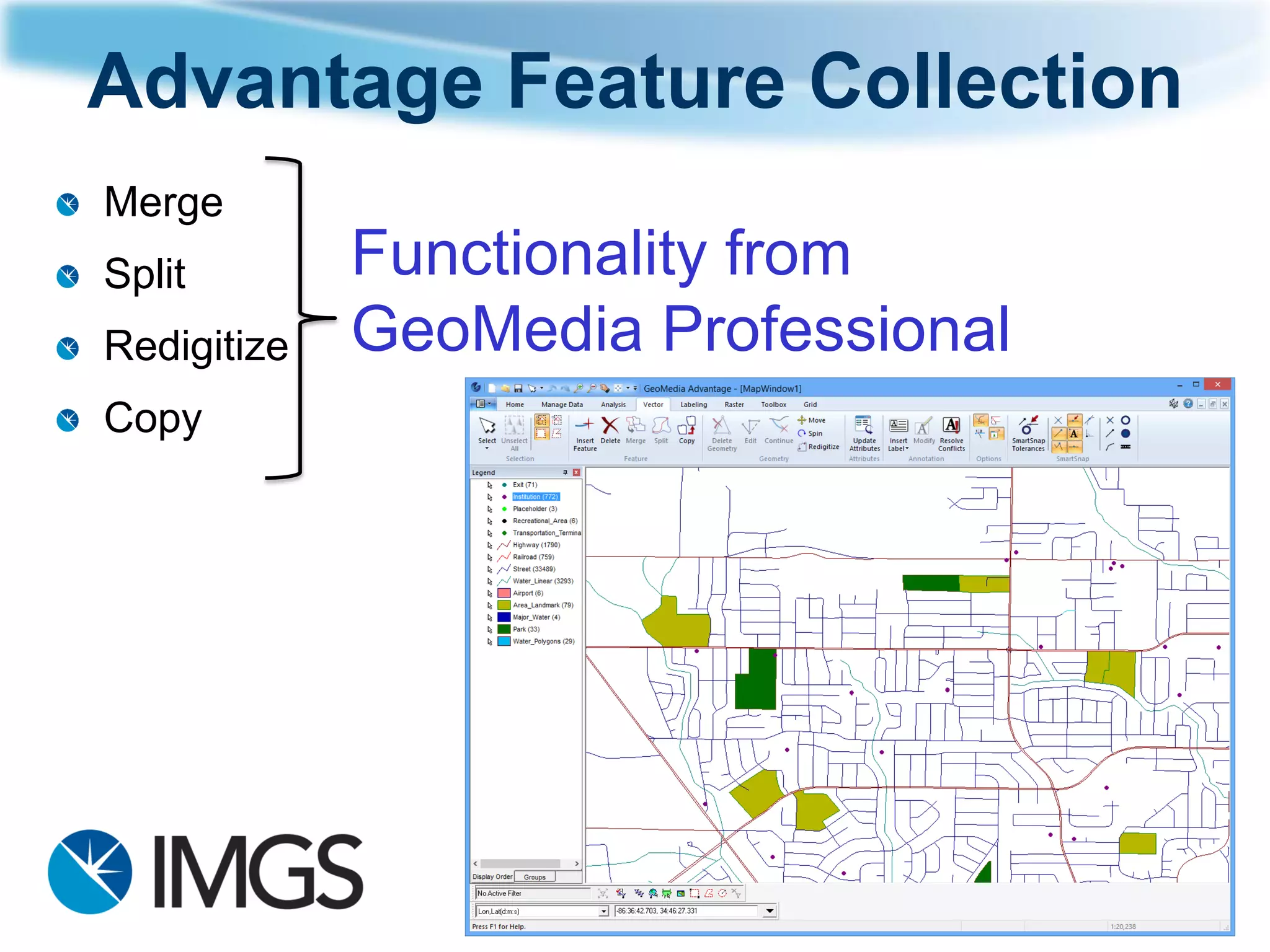 Advantage Feature Collection 
Merge 
Split 
Redigitize 
Copy 
Functionality from 
GeoMedia Professional  