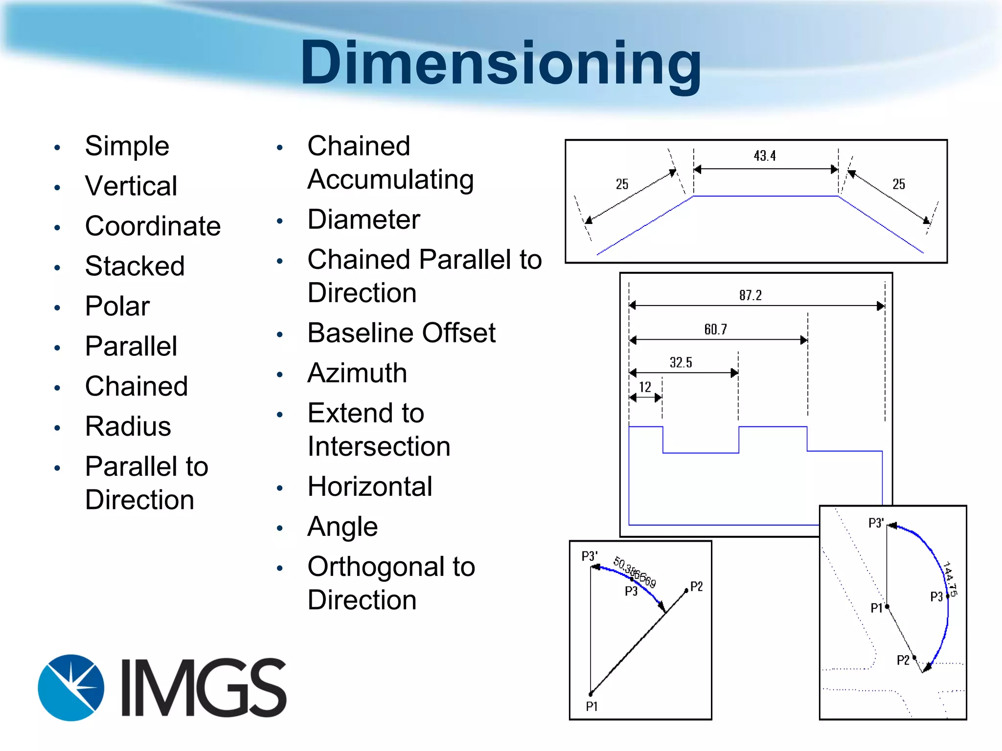 Dimensioning 
•Chained Accumulating 
•Diameter 
•Chained Parallel to Direction 
•Baseline Offset 
•Azimuth 
•Extend to Intersection 
•Horizontal 
•Angle 
•Orthogonal to Direction 
•Simple 
•Vertical 
•Coordinate 
•Stacked 
•Polar 
•Parallel 
•Chained 
•Radius 
•Parallel to Direction  
