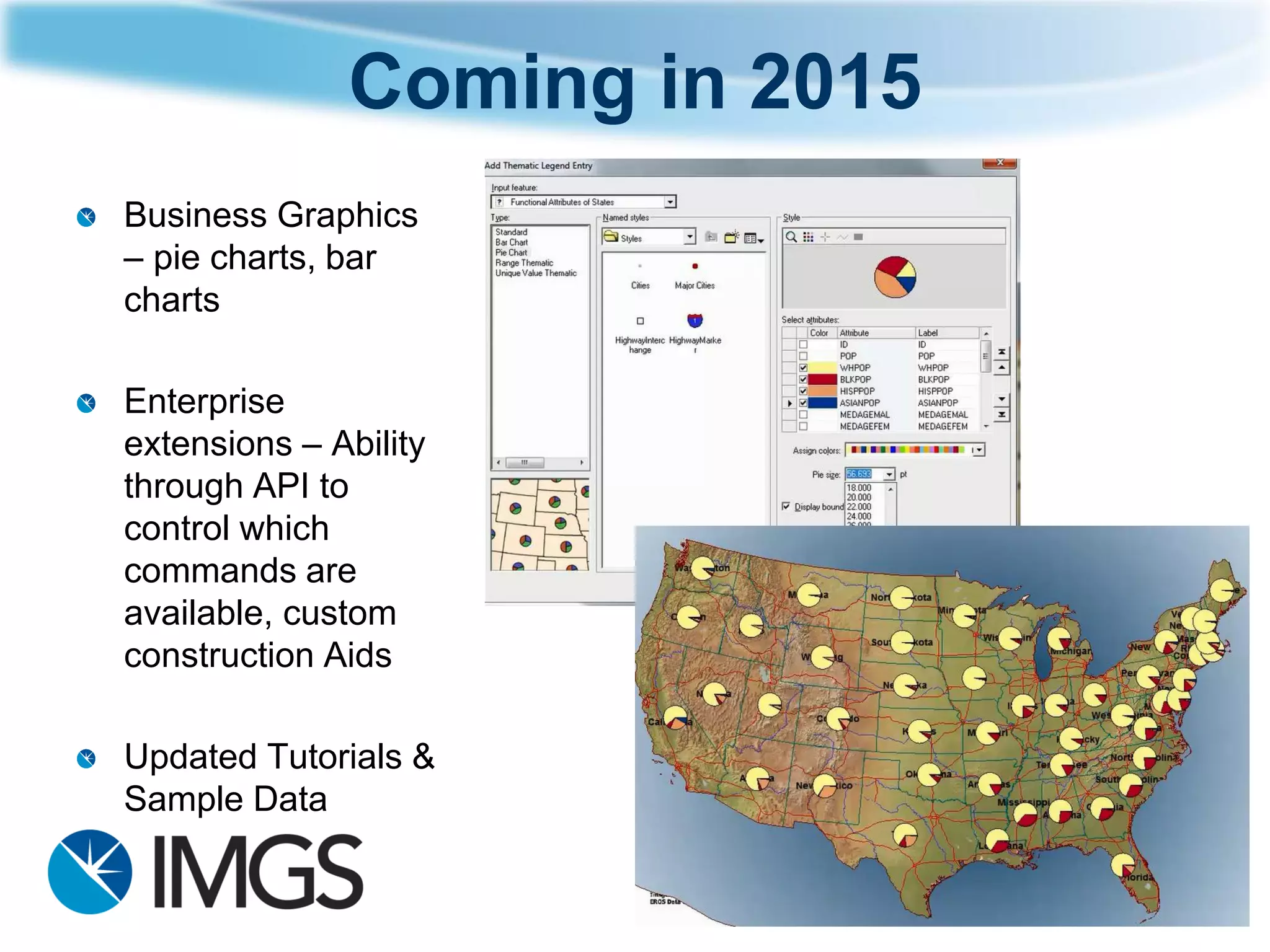 Coming in 2015 
Business Graphics –pie charts, bar charts 
Enterprise extensions –Ability through API to control which commands are available, custom construction Aids 
Updated Tutorials & Sample Data 