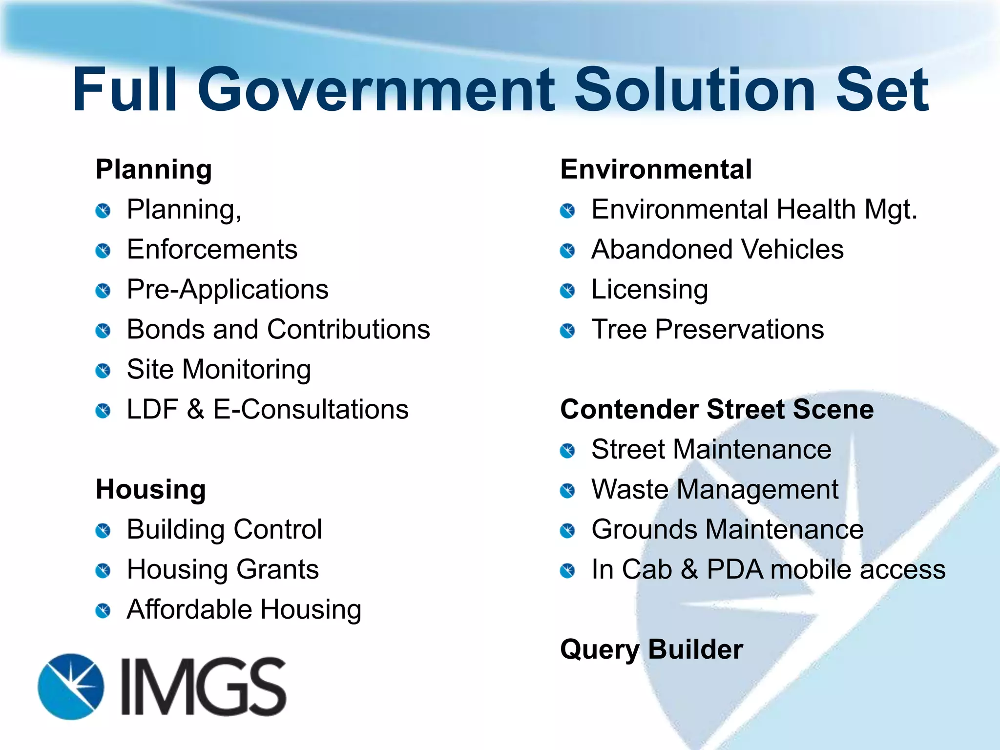 Swift LG – Overview
Local Government Solution Provider:
   Land and Property Management
   Environmental Services
   eConsultation

Open System Solution providers (e.g.
Apps with Maps)

Over 100 Local Authorities across UK
and Ireland
 