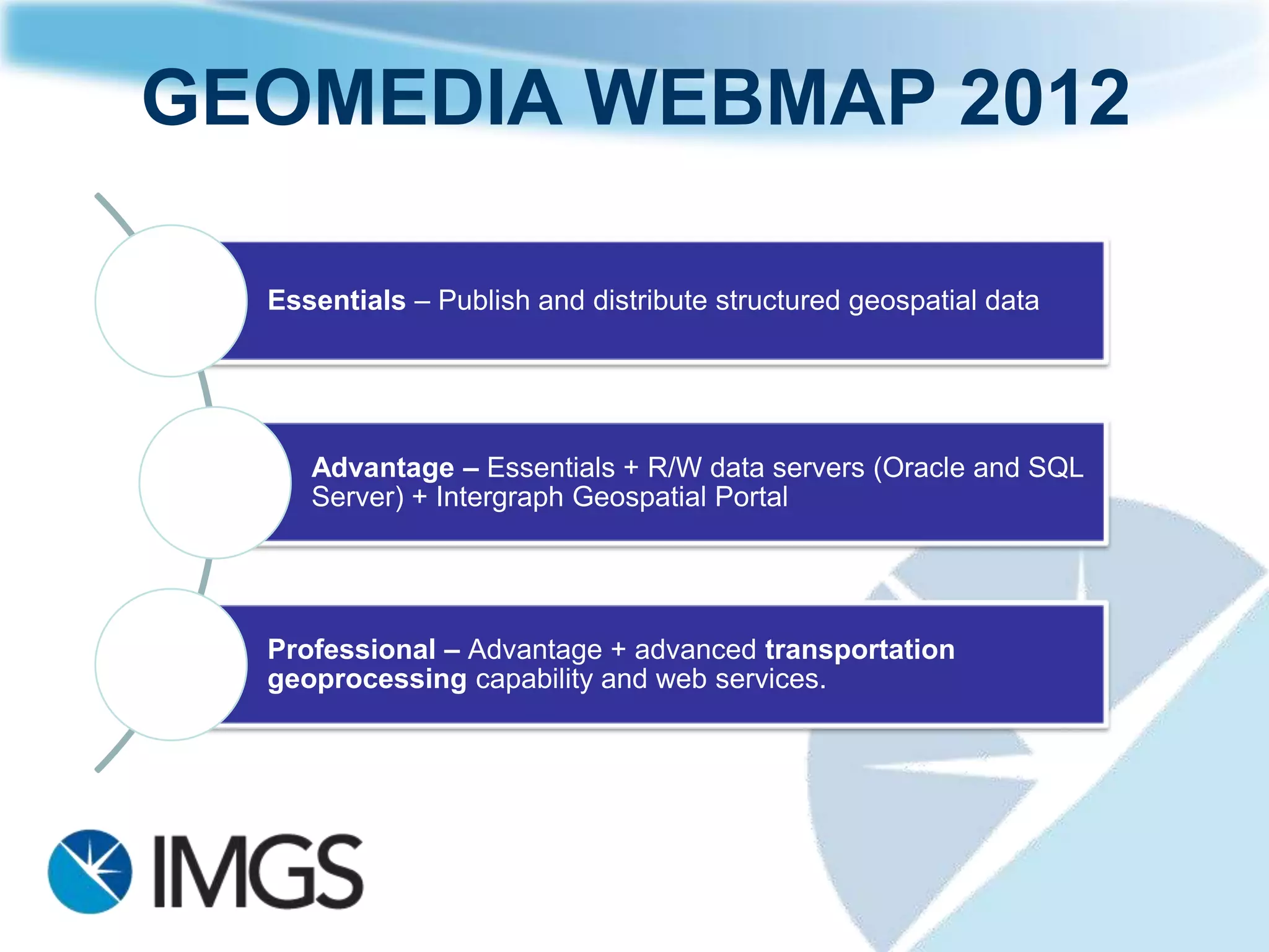 GEOMEDIA WEBMAP 2012



Essentials – Publish and distribute structured geospatial data




   Advantage – Essentials + R/W data servers (Oracle and SQL
   Server) + Intergraph Geospatial Portal




Professional – Advantage + advanced transportation
geoprocessing capability and web services.
 