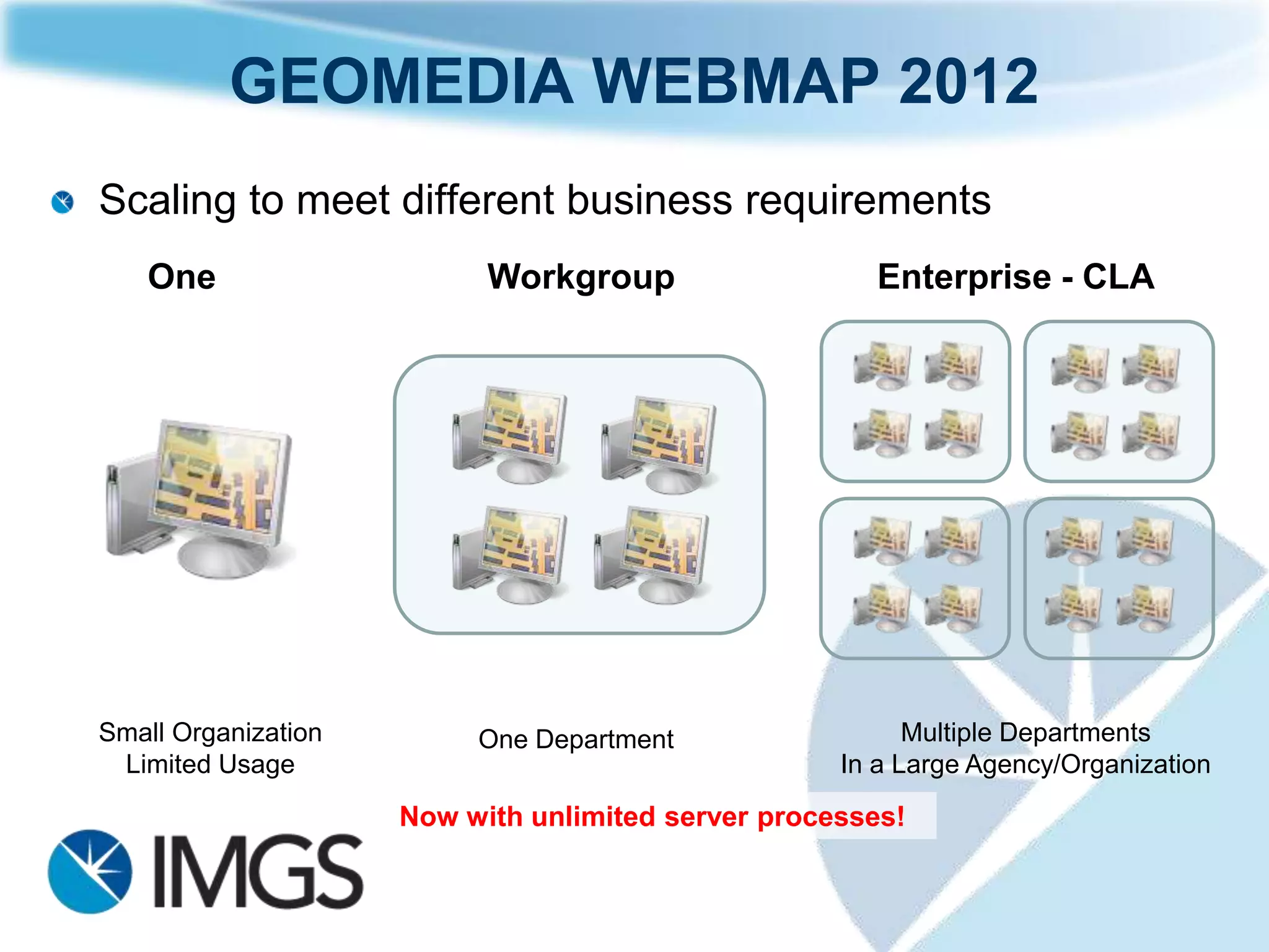 GEOMEDIA WEBMAP 2012
Scaling to meet different business requirements
   One                     Workgroup                  Enterprise - CLA




Small Organization        One Department                  Multiple Departments
 Limited Usage                                      In a Large Agency/Organization

                     Now with unlimited server processes!
 