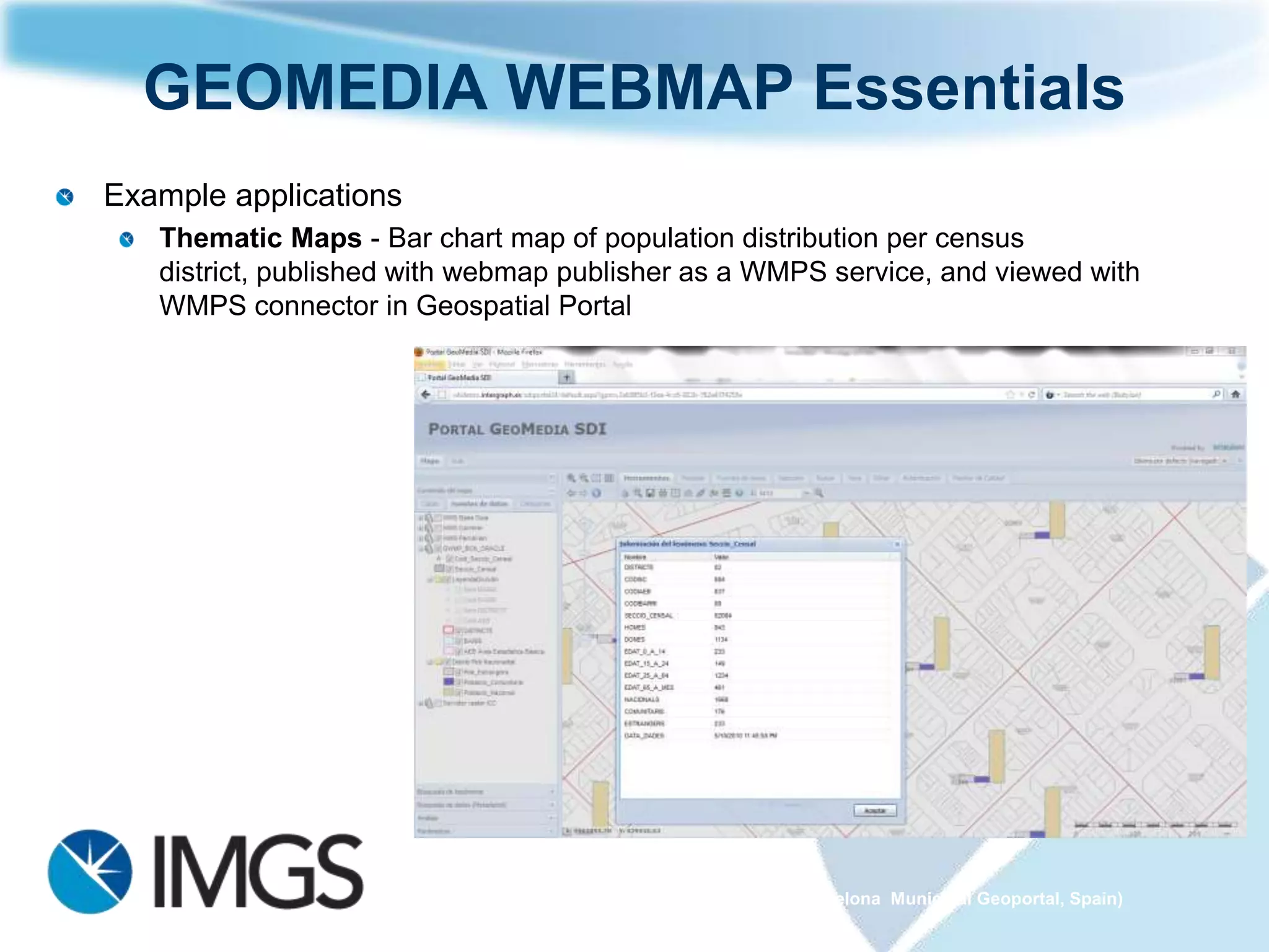 GEOMEDIA WEBMAP Essentials
Example applications
   Thematic Maps - Bar chart map of population distribution per census district,
   published with webmap publisher as a WMPS service, and viewed with WMPS
   connector in Geospatial Portal




                                               (Source: Barcelona Municipal Geoportal, Spain)
 