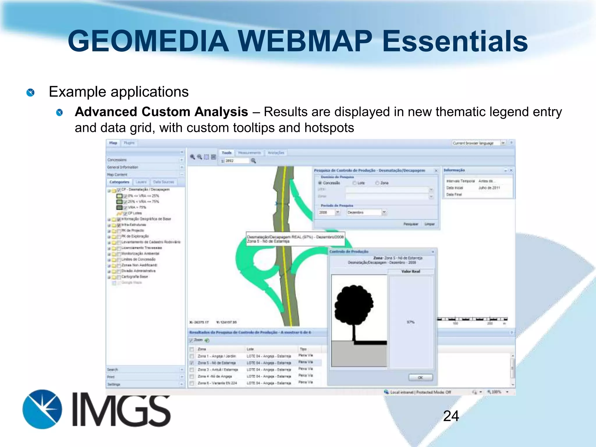 GEOMEDIA WEBMAP Essentials
Example applications
   Advanced Custom Analysis – Results are displayed in new thematic legend entry
   and data grid, with custom tooltips and hotspots




                                                             24
 