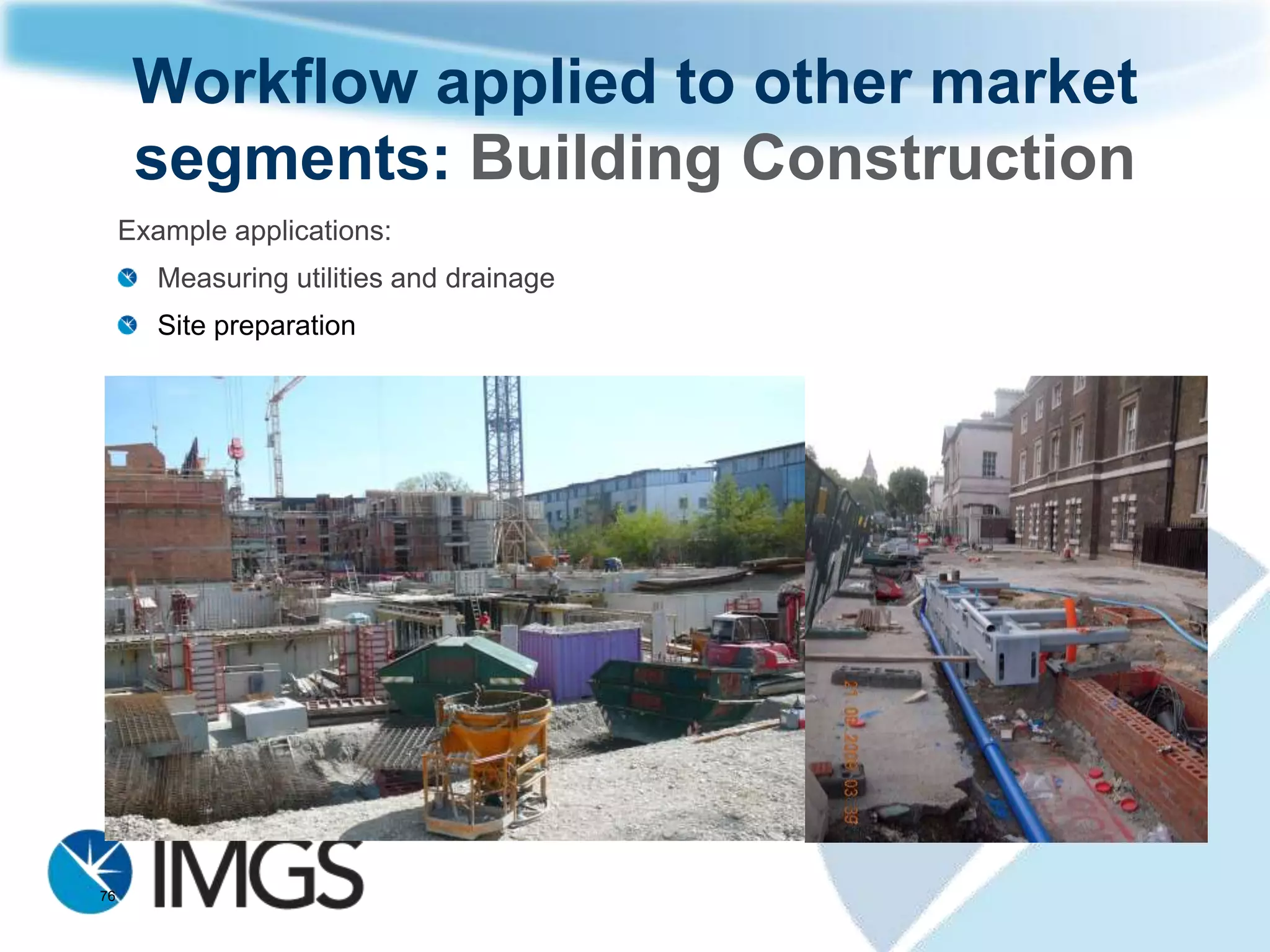 Asset Collection & Management
     Typical Equipment and
     Workflow
      Leica Zeno5 provides 1 – 3 metre
      accuracy


      Leica Zeno Office software is used to
      prepare existing databases and
      background data for transfer to the Zeno5


      Leica Zeno Field software is used for
      taking photographs, recording position
      and updating existing data. The internal
      3.8G modem sends the data back to the
      office.


76
 