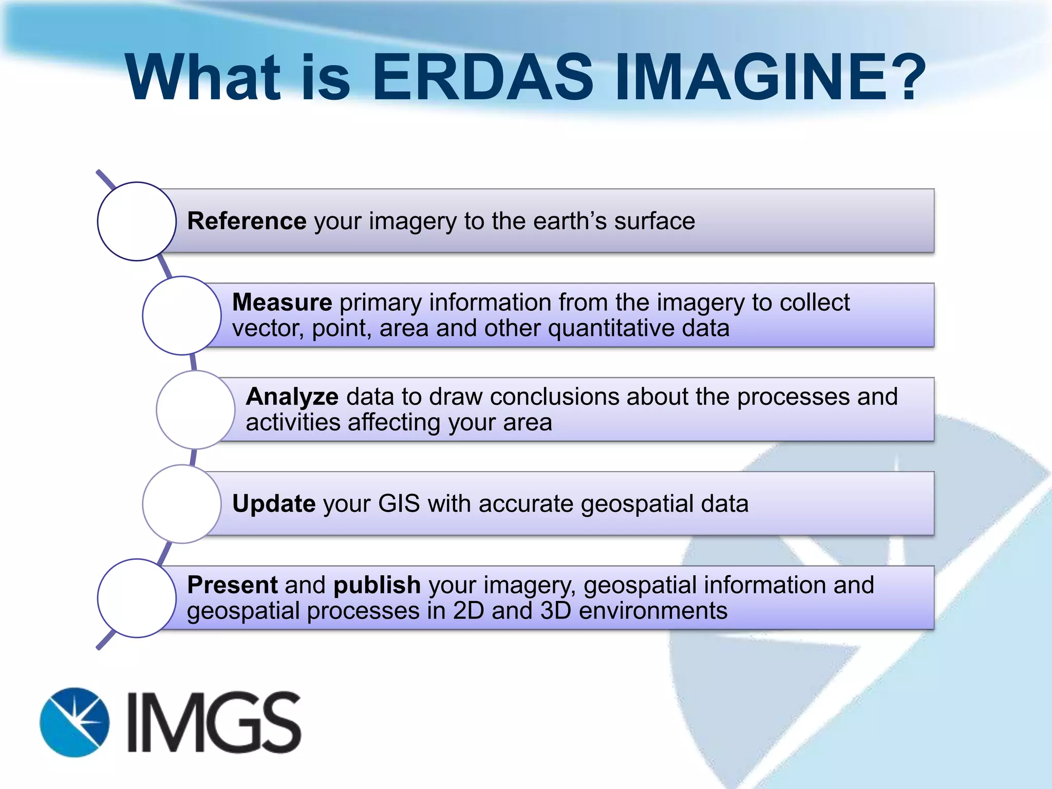 ERDAS IMAGINE
         and
     ERDAS Apollo
Ciaran Kirk          Tony Kent
Technical Director   GIS Technnician
      IMGS               IMGS
 