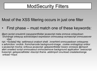 Most of the XSS filtering occurs in just one filter First phase – must match one of these keywords: @pm jscript onsubmit copyparentfolder javascript meta onmove onkeydown onchange onkeyup activexobject expression onmouseup ecmascript onmouseover vbsc ript: <![cdata[ http: settimeout onabort shell: .innerhtml onmousedown onkeypres s asfunction: onclick .fromcharcode background-image: .cookie ondragdrop onblur x-javascript mocha: onfocus javascript: getparentfolder lowsrc onresize @import alert onselect script onmouseout onmousemove background application .execscript livescript: getspecialfolder vbscript iframe .addimport onunload createtextrange onload <input ModSecurity Filters 