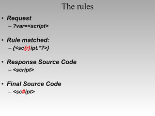 Request ?var=<script> Rule matched: {<sc {r} ipt.*?>} Response Source Code <script> Final Source Code <sc # ipt> The rules 